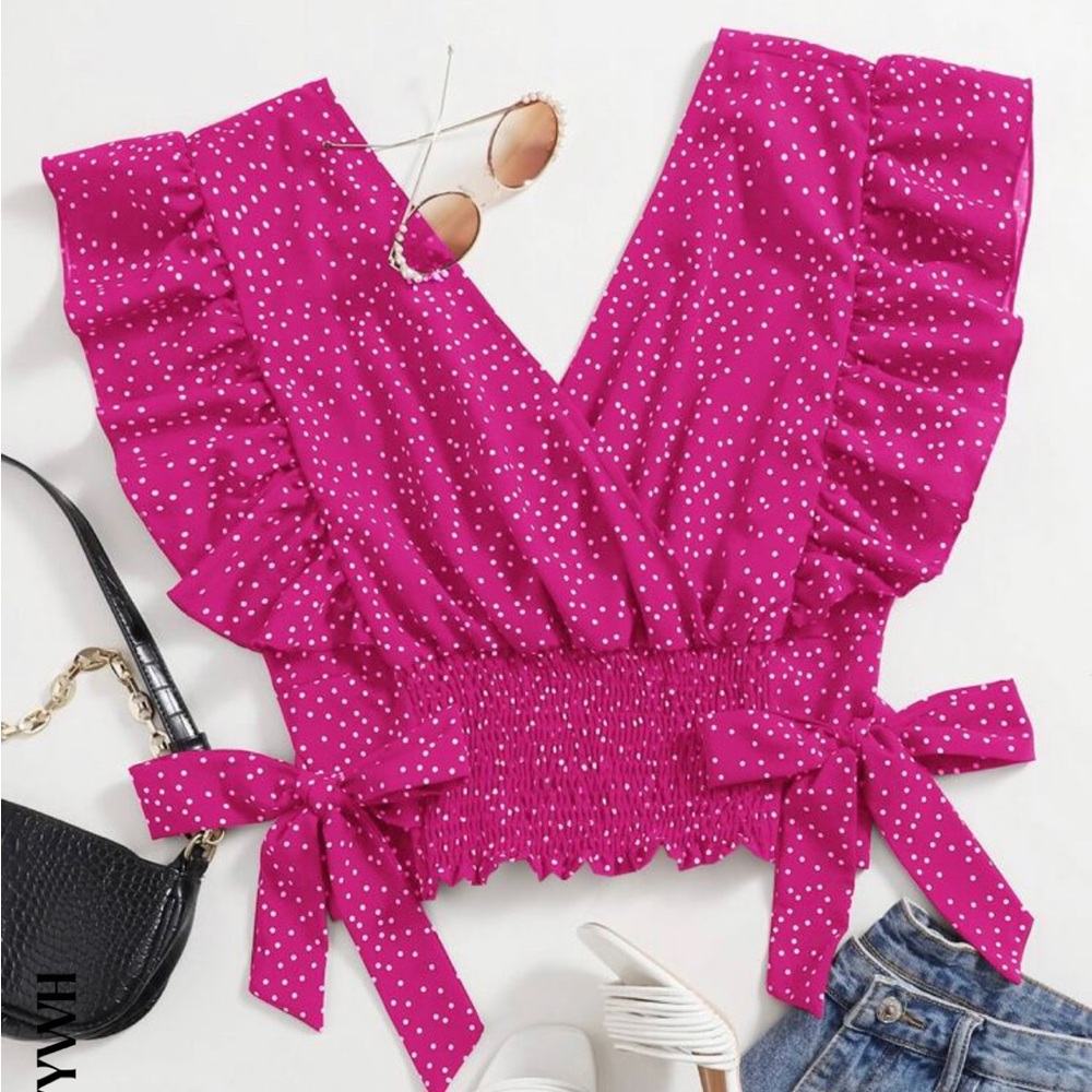 SHEIN hot pink ruffle trim knot side polka dot top